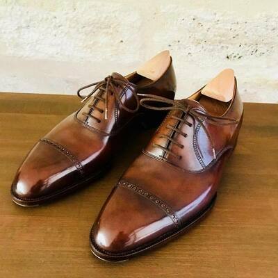Handmade cuir cognac patine classique richelieus pour hommes custom robe shoe - Thumbnail 2