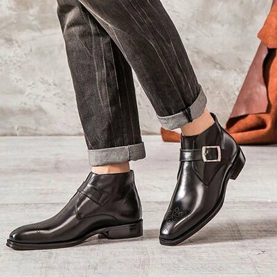 New Handmade Men's Fashion Black Leather Dress Ankle Boots For Jeans