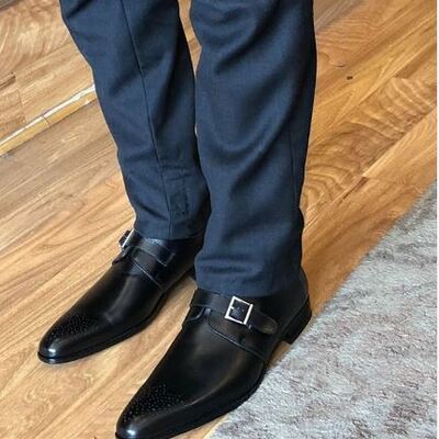 Men's handmade leather shoes, men black shoes, single monk shoes - Thumbnail 4