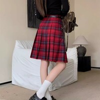 Women RED Plaid Skirt Outfit Plus Size Pleated Plaid Skirts Pleated Plaid Midi Skirt Holiday Outfit Knee Length Tennis Skirt - Thumbnail 2