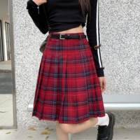 Women RED Plaid Skirt Outfit Plus Size Pleated Plaid Skirts Pleated Plaid Midi Skirt Holiday Outfit Knee Length Tennis Skirt - Thumbnail 1