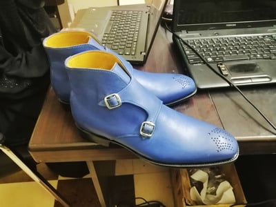 Blue Color Brogues Toe Chukka Genuine Leather Double Buckle Strap Monk Men Boots