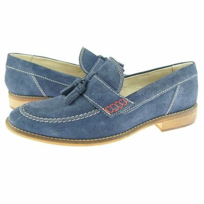 Genuine suede leather blue color apron toe made to order tassel loafer slip ons - Thumbnail 1