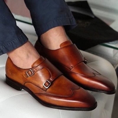 New handmade leather men double monk strap shoes, men wing tip shoes - Thumbnail 2