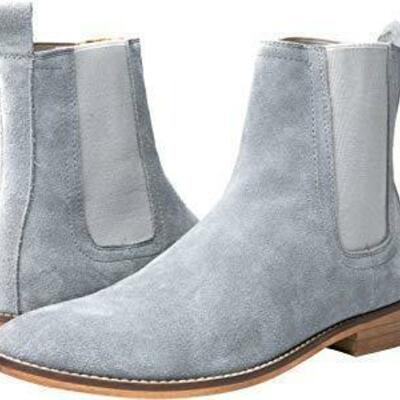 Suede leather gray color men handcrafted chelsea jumper slip ons tan sole boots - Thumbnail 2