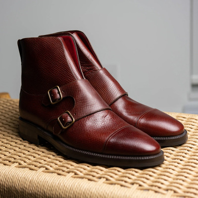 Reddish-brown hatch grain leather double monk ankle high long boot - Thumbnail 3