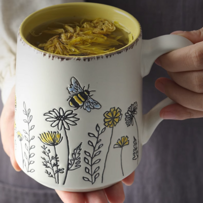 Retro bee floral hand-painted coffee mug 
