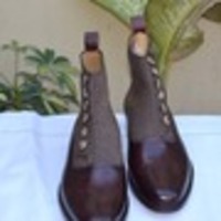 Handmade Men Brown & Tweed Leather Button Custom Balmoral Dress Boot - Thumbnail 1