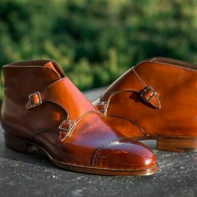 Handmade cognac brogue monk straps ankle high boot - Thumbnail 2