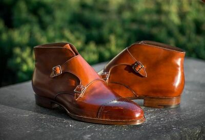 Handmade Cognac Brogue Monk Straps Ankle High Boot