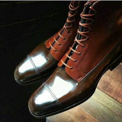 Handmade brown calf leather ankle high derby lace up boots in cordovan - Thumbnail 1