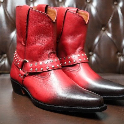 Handmade men cowboy buckle ankle boot in red color - Thumbnail 1