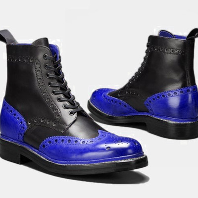 Wing tip high ankle blue black genuine leather lace up stylish men dress boots - Thumbnail 2