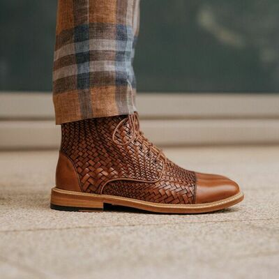 Handmade mens two tone dylan brown woven leather ankle high lace up boot - Thumbnail 1