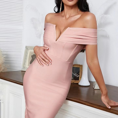 Pink jersey off the shoulder formal party dresses short bridesmaid dresses