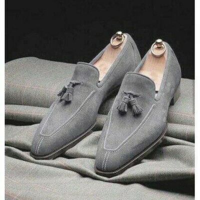 Gray suede handmade tassels loafers moccasin formal shoes