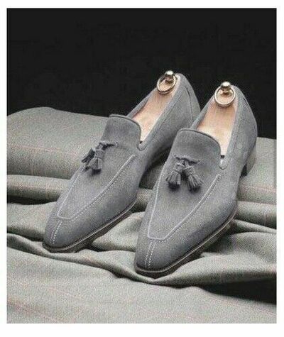 Gray Suede Handmade Tassels Loafers Moccasin Formal Shoes