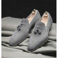 Gray Suede Handmade Tassels Loafers Moccasin Formal Shoes - Thumbnail 1