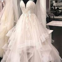 Plunging V-neckline Wedding Dresses with Horsehair Trim,Women Long Bride Dress，967 - Thumbnail 1