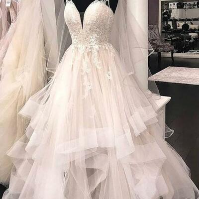 Plunging v-neckline wedding dresses with horsehair trim,women long bride dress，967