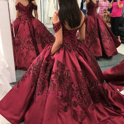 Shiny sequins appliques quinceanera dresses burgundy satin spaghetti off shoulder short sleeves ball gown pageant dress，970