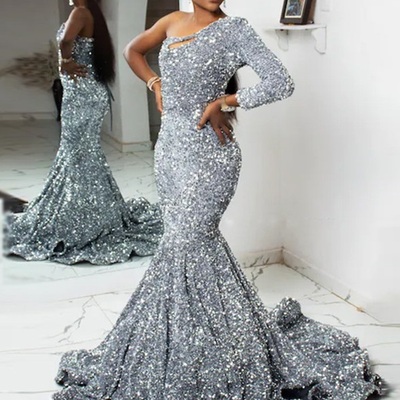 Sparkly silver sequins mermaid prom dresses long reception evening gowns african women formal party dress，972