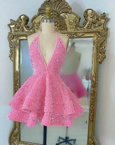 Cute Pink Sequins Girls Short Prom Dresses For Black Girls 2023 Sexy Halter V Neck Ruffles Puffy Mini Lenght Plus Size Birthday Party Gowns ，974
