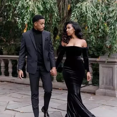Black long sleeve velvet prom dresses,sexy evening gown，975