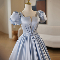 Blue Satin Long A-Line Prom Dress - Thumbnail 1