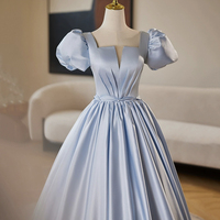 Blue Satin Long A-Line Prom Dress - Thumbnail 2