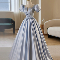 Blue Satin Long A-Line Prom Dress - Thumbnail 3