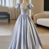 Blue Satin Long A-Line Prom Dress - Thumbnail 4