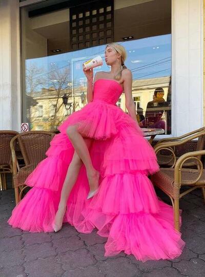 Strapless Princess High Low Pink Long Prom Dresses