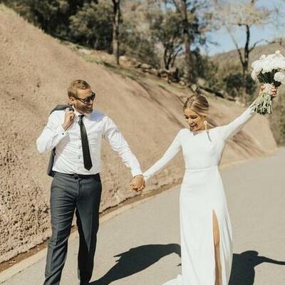 A line round neck ivory wedding dresses with split