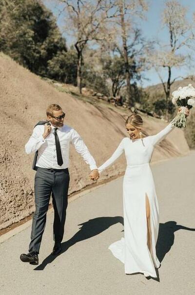 A Line Round Neck Ivory Wedding Dresses With Split