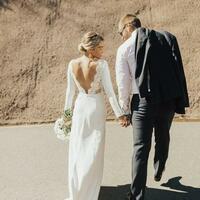 A Line Round Neck Ivory Wedding Dresses With Split - Thumbnail 1