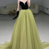 A Line V Neck Black and Green Tulle Long Prom Dresses, Black and Green Tulle Long Formal Evening Dresses KPP1628 - Thumbnail 2