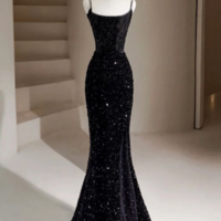 Black Mermaid Sequins Long Prom Dresses, Black Long Mermaid Formal Evening Dresses KPP1629 - Thumbnail 1