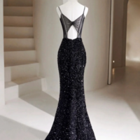 Black Mermaid Sequins Long Prom Dresses, Black Long Mermaid Formal Evening Dresses KPP1629 - Thumbnail 2