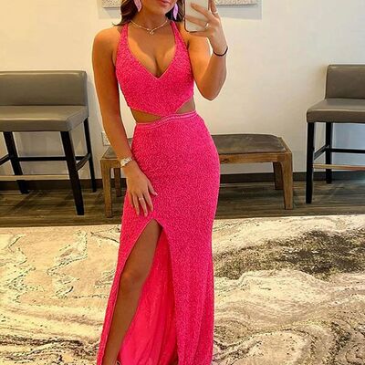 Fuchsia sleeveless appliques party dress, satin prom dresses 2024 - Thumbnail 1