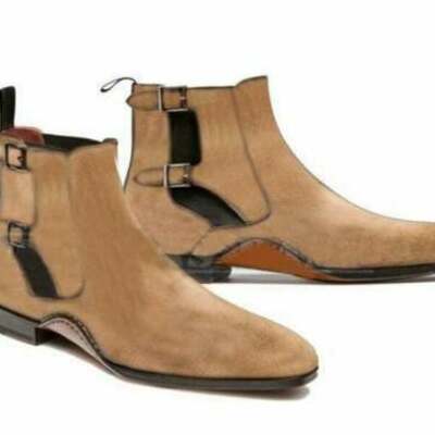 Beige fashion suede leather double buckle men chelsea boot - Thumbnail 1