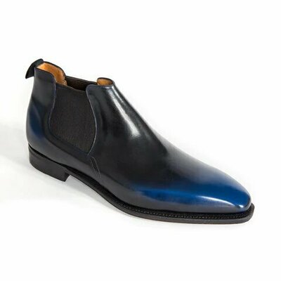 Dark Blue Calf Patina Leather Men Chelsea Boot