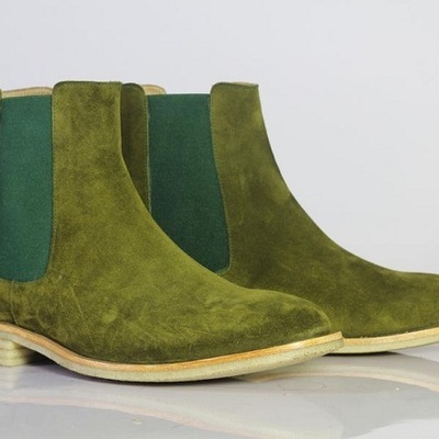 Handmade chelsea olive green color suede leather boot - Thumbnail 2