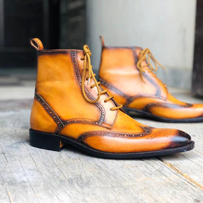 Handmade men's cognac two tone dress brown leather lace up wing tip ankle high boots - Thumbnail 2
