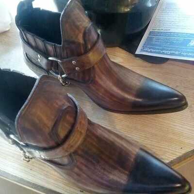 Handmade men's brown patina shaded buckle caved cowboy boots