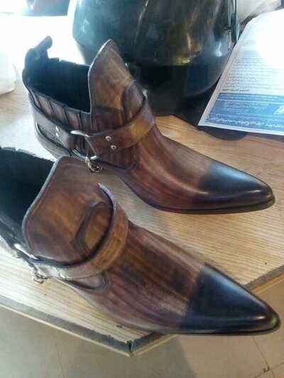 Handmade Men's Brown Patina Shaded Buckle Caved Cowboy Boots