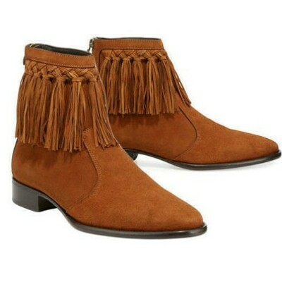Mens cow boy high ankle brown color suede leather handmade fringe boots - Thumbnail 1