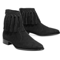 Handmade Black Suede Leather Fringes Cowboy Men Boot - Thumbnail 1