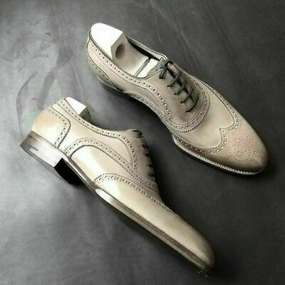 Men's oxford white wing tip real leather premium quality handmade dress shoes - Thumbnail 2
