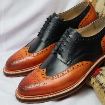 Handmade black brown wingtip oxford dress shoes - Thumbnail 1